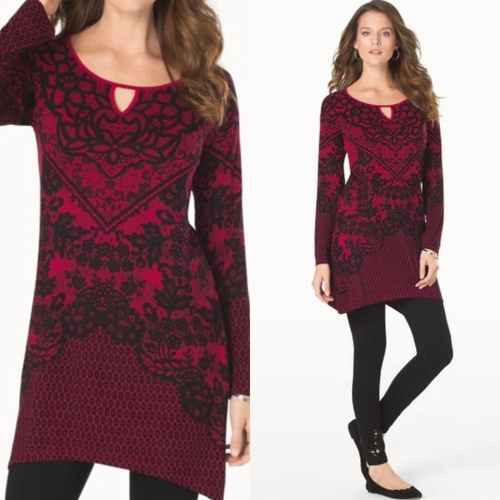 Soma Live Lounge Wear Keyhole Scarf Hem Tunic Crochet Lace Ruby Red Black NWT M